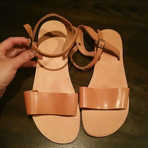 Greek leather camel cognac tan sandals flats