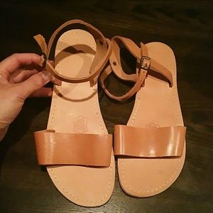 Greek leather camel cognac tan sandals flats