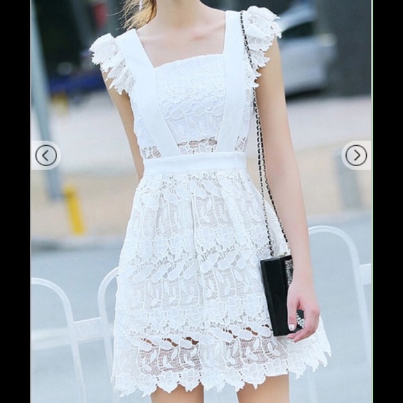 White Lace Flounces Shoulder Hollow Flare Dress