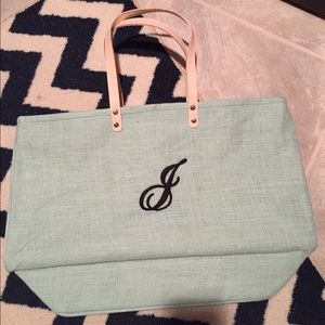 Aqua blue beach bag with "J" initial