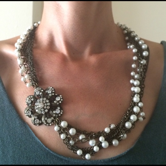 Layered rustic metal and pearl necklace