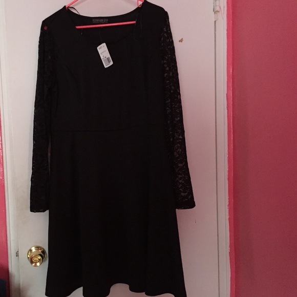 Lace Sleeve Black Skater Dress