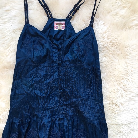 Free People Floral Embroidery Navy Crinkle Dress
