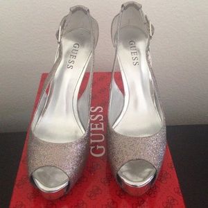 Guess sparkly silver strappy open-toe pumps