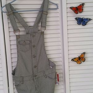 Gray and white pin stripped shorts overalls