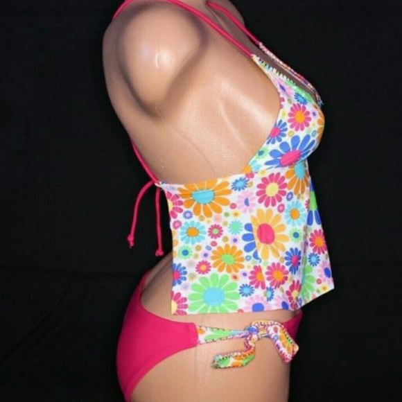 TANKINI BIKINI SET 7/8 SMALL WHITE PINK W/FLOWER - Picture 2 of 3