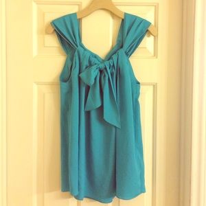 Aqua necktie blouse with pleated back detail.