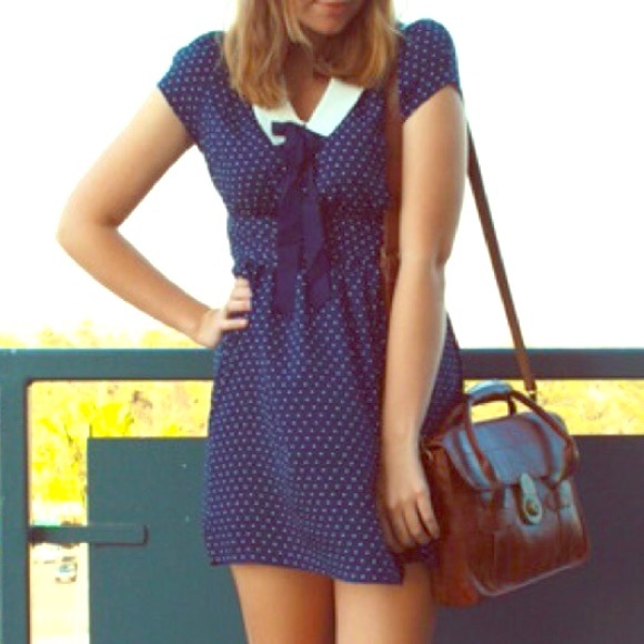 Retro Style Navy and White Polka Dots Dress - Picture 1 of 8