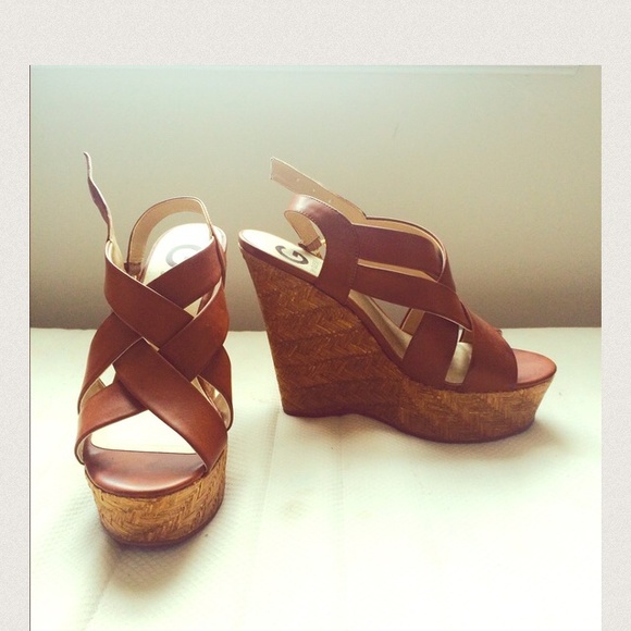 Shoes - Guess Hamil tan platform wedge.