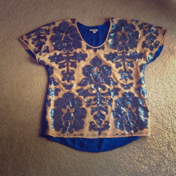 Beige & Blue Sequined Top