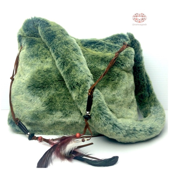 Handbags - Faux Fur green bag with bohemian accent