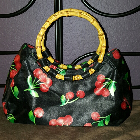 Cherry Print Handbag with faux Bamboo handles