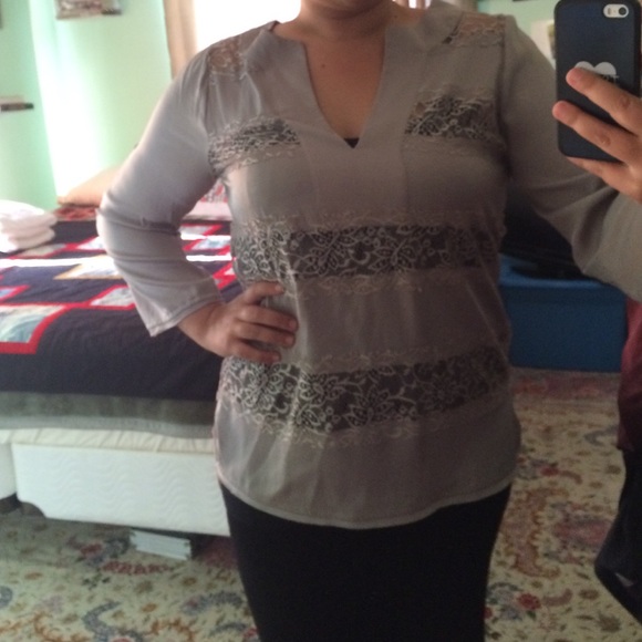 BCBG Grey Lace Striped Top - Picture 2 of 3