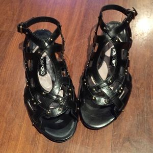 Black leather flat sandals