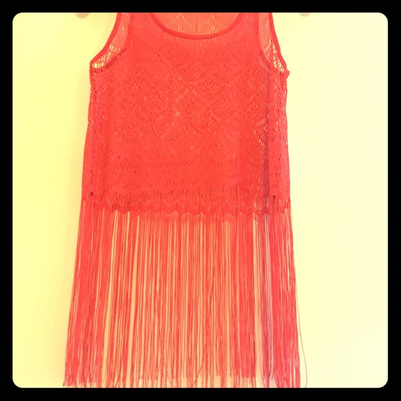Coral netted fringe top
