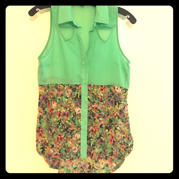 Sea foam green floral button down tank