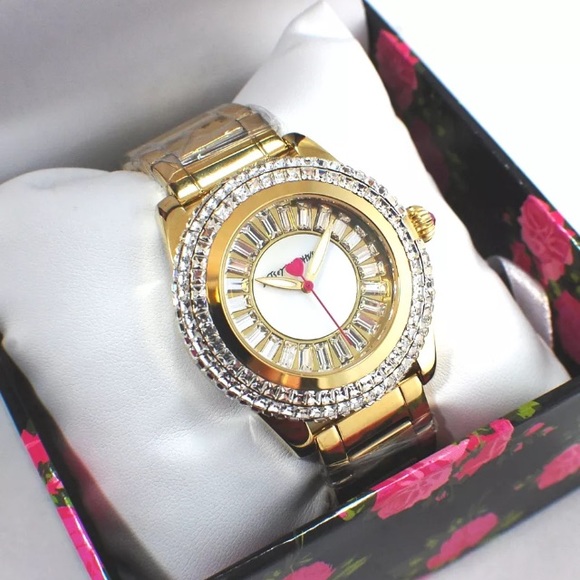 NIB Betsey Johnson Gold Crystal Boyfriend Watch - Picture 2 of 4