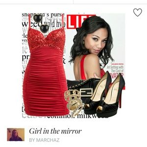 Red sequins bra top mini dress