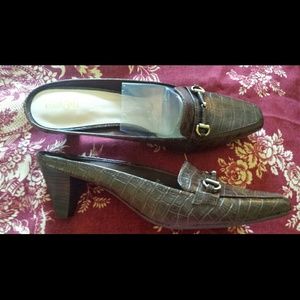 East 5th Brown Croc Print Mule w/ gold buckles