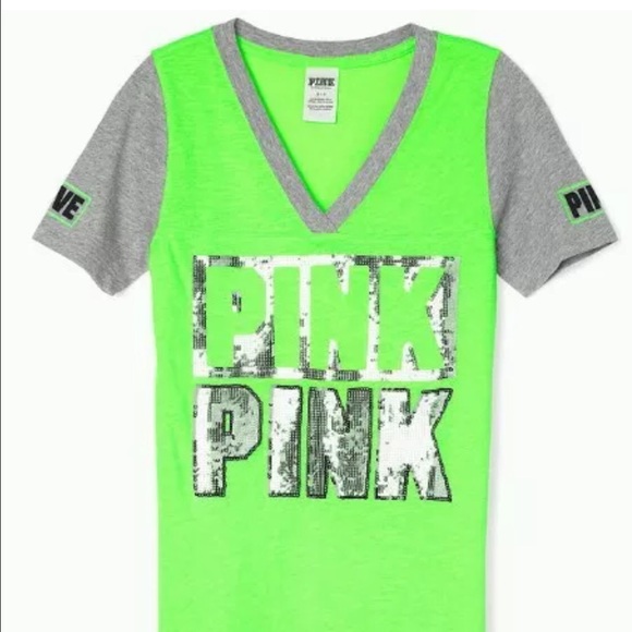 🎀Victoria's Secret Pink BLING Neon Green V-Neck