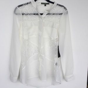 White peek a boo lace button down top!