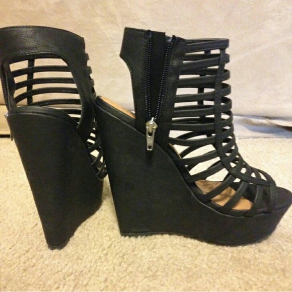 Black Wedge Caged Heels