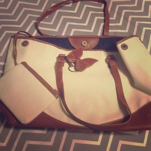 Canvas and leather bag with key chain and wristlet
