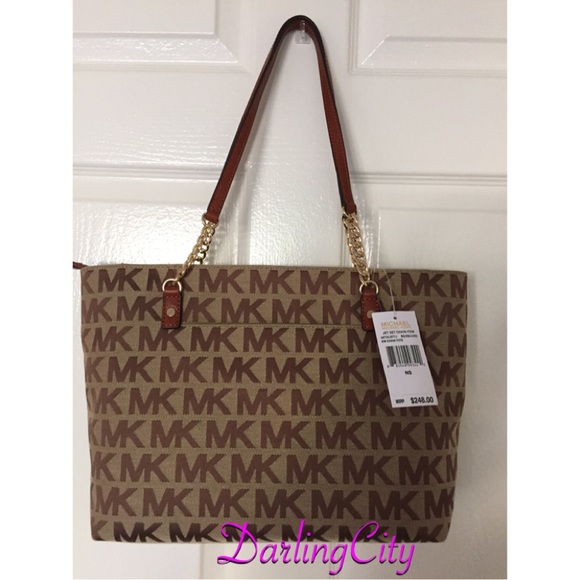 MK Brown & Beige Signature Jacquard Jet-Set Chain - Picture 2 of 4