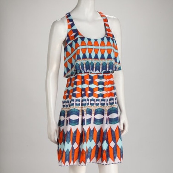 Jessica Simpson blue and orange tribal print dress