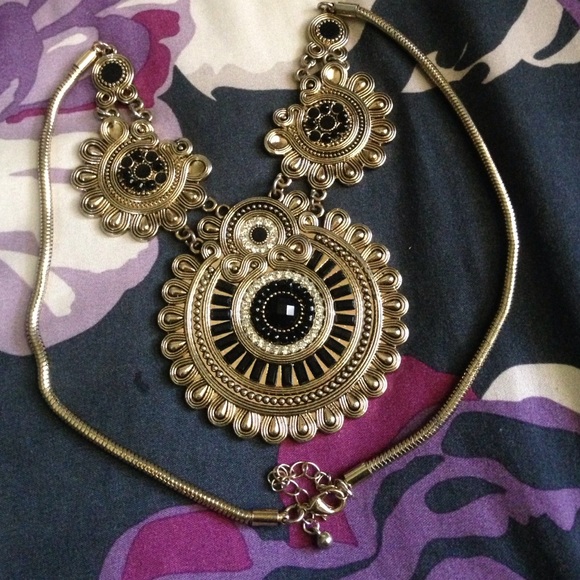 Gold, Black, and Diamond Studded  Necklace