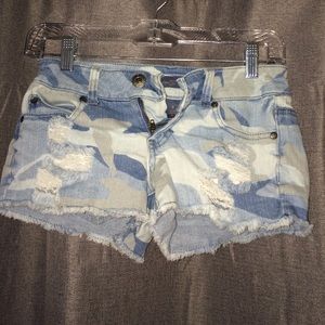 Camo denim mini shorts
