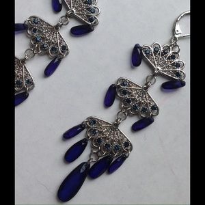 Blue dangly chandelier silver earrings