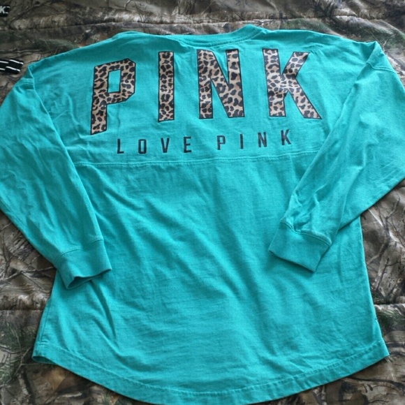 PINK Victoria's Secret Tops - Victoria's Secret PINK Teal Leopard Crew Like New