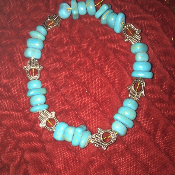 Charming turquoise beads with silver hamsa hands💙