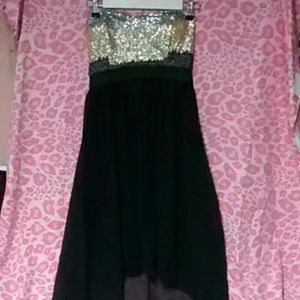 Strapless Sequin Top Sheer Hi Lo Dress