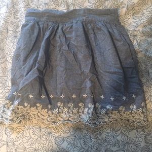 denim circle skirt with white lace detail