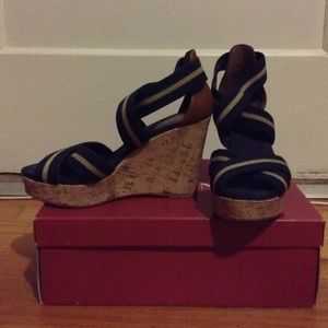 Blue and brown summer wedges