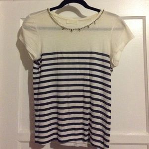 Blue and white stripe top with neck detail