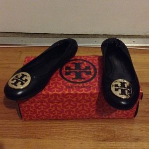 Classic Tory Burch black flats with Gold logo