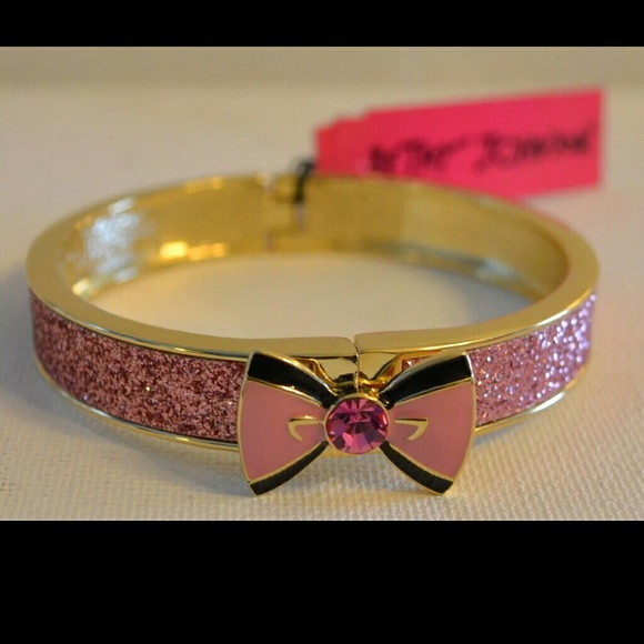 Betsey Johnson Gold Tone Pink Bow Glitter Bangle