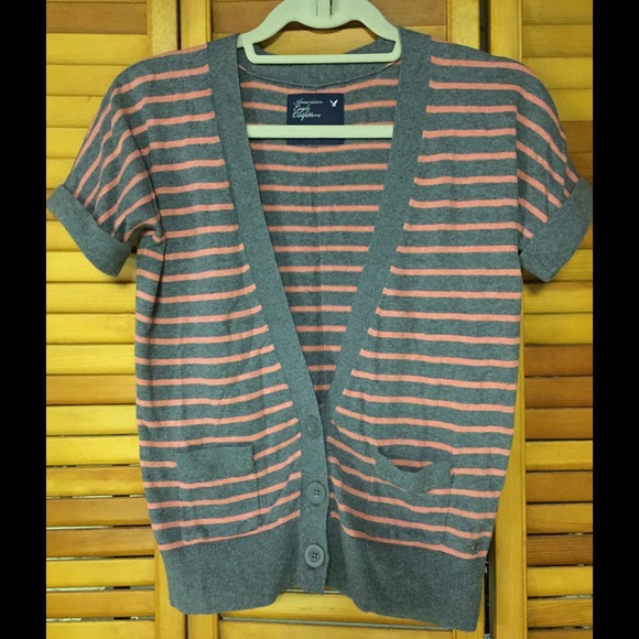Gray and Coral Striped Cardigan