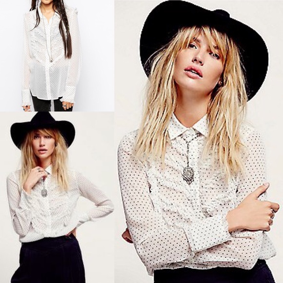 Free People Sheer Tux Shirt w/Ruffles - Large