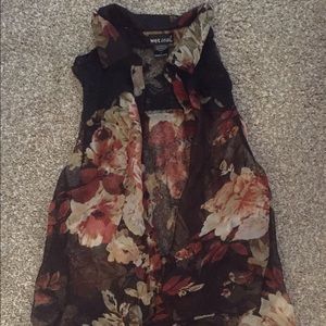 Sheer floral black sleeveless button down