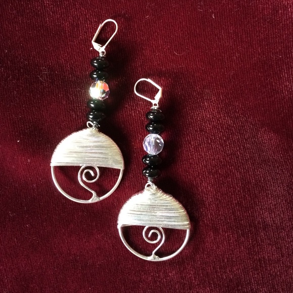 Hand made silver, clear and black bead earrings