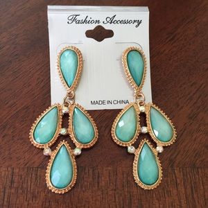 Teal/turquoise, gold & crystal chandelier earrings