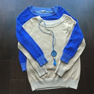 Blue and tan sweaters