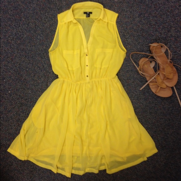 Bright yellow shirt dress with sheer details