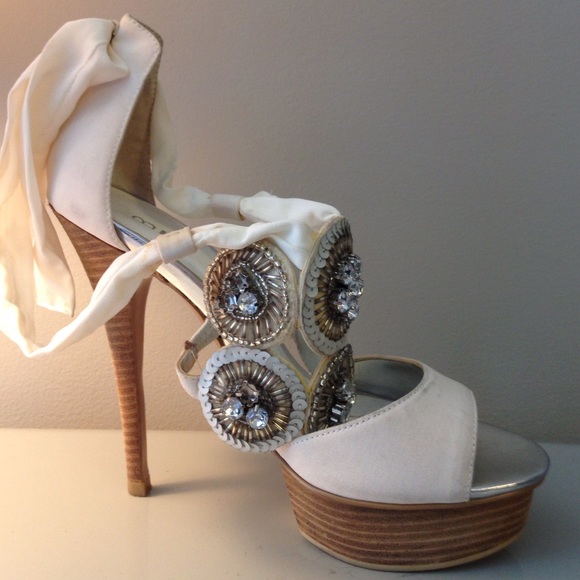 White Silk Rhinestone Heels - Picture 2 of 4