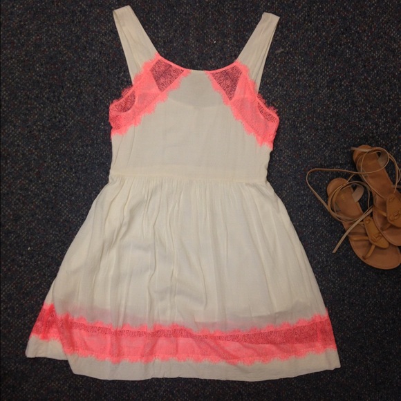 Free People cream skater dress with neon lace