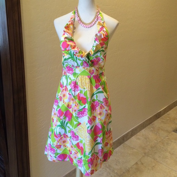 Lilly Pulitzer Dresses & Skirts - Lilly Pulitzer Pink Ruffled Floral Halter Dress